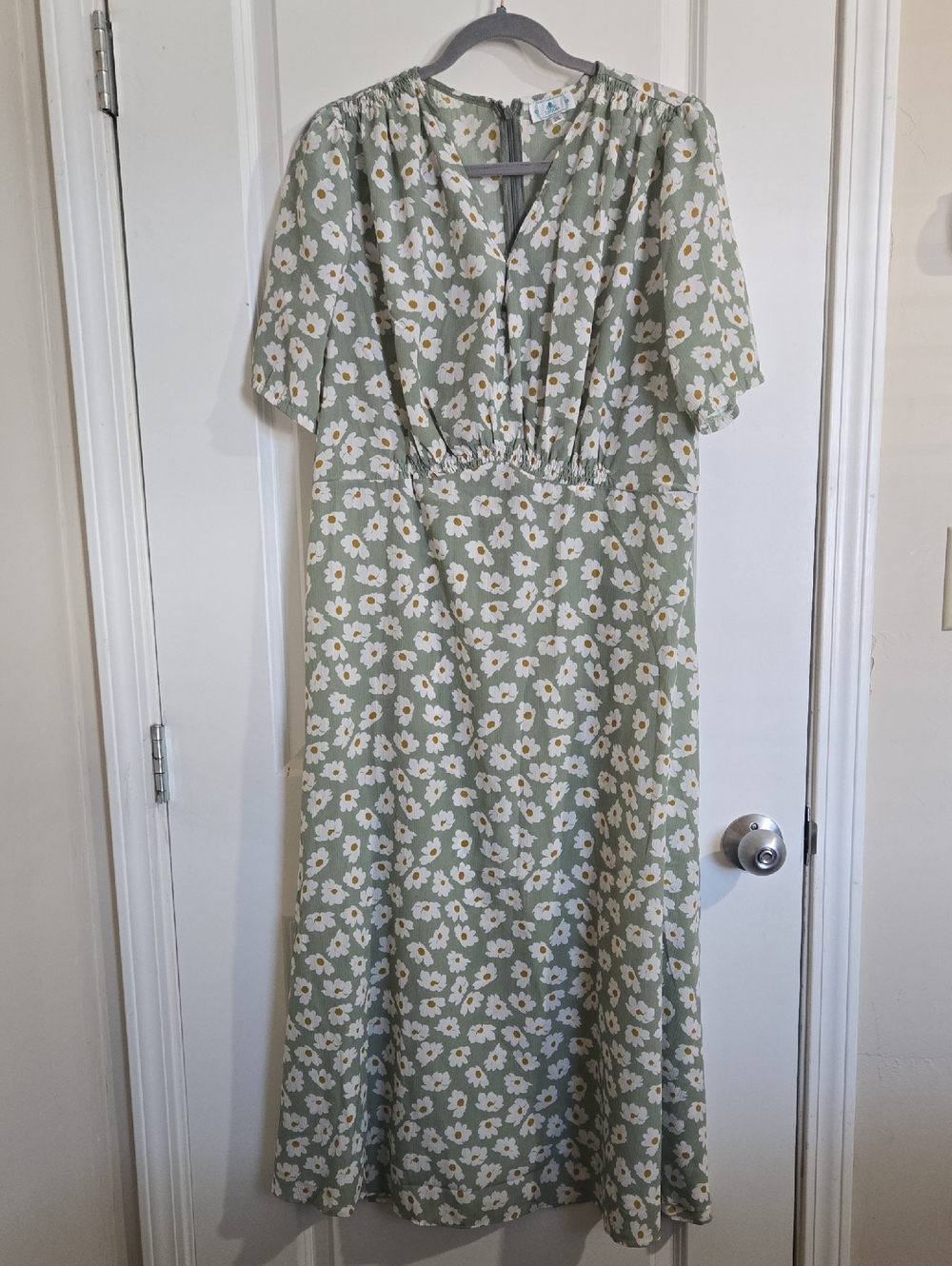 Floral Sage Midi Dress with Puff Sleeves
